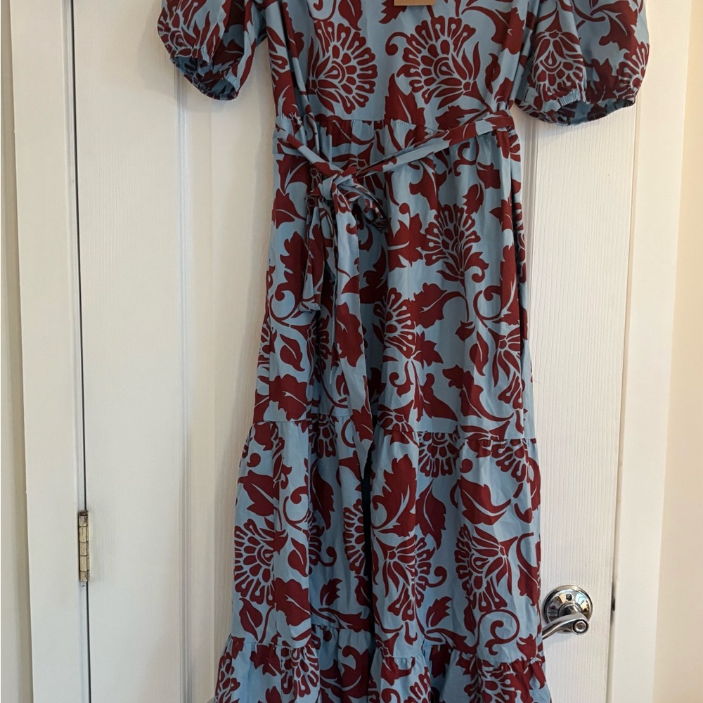 Boden dress NWT 10 Christabel cotton Dress Light Blue and Burgundy Midi Dress - Picture 11 of 13